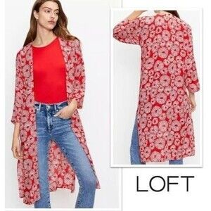 LOFT Red White Firework Print Long Open Duster Kimono Coverup Size XS/S